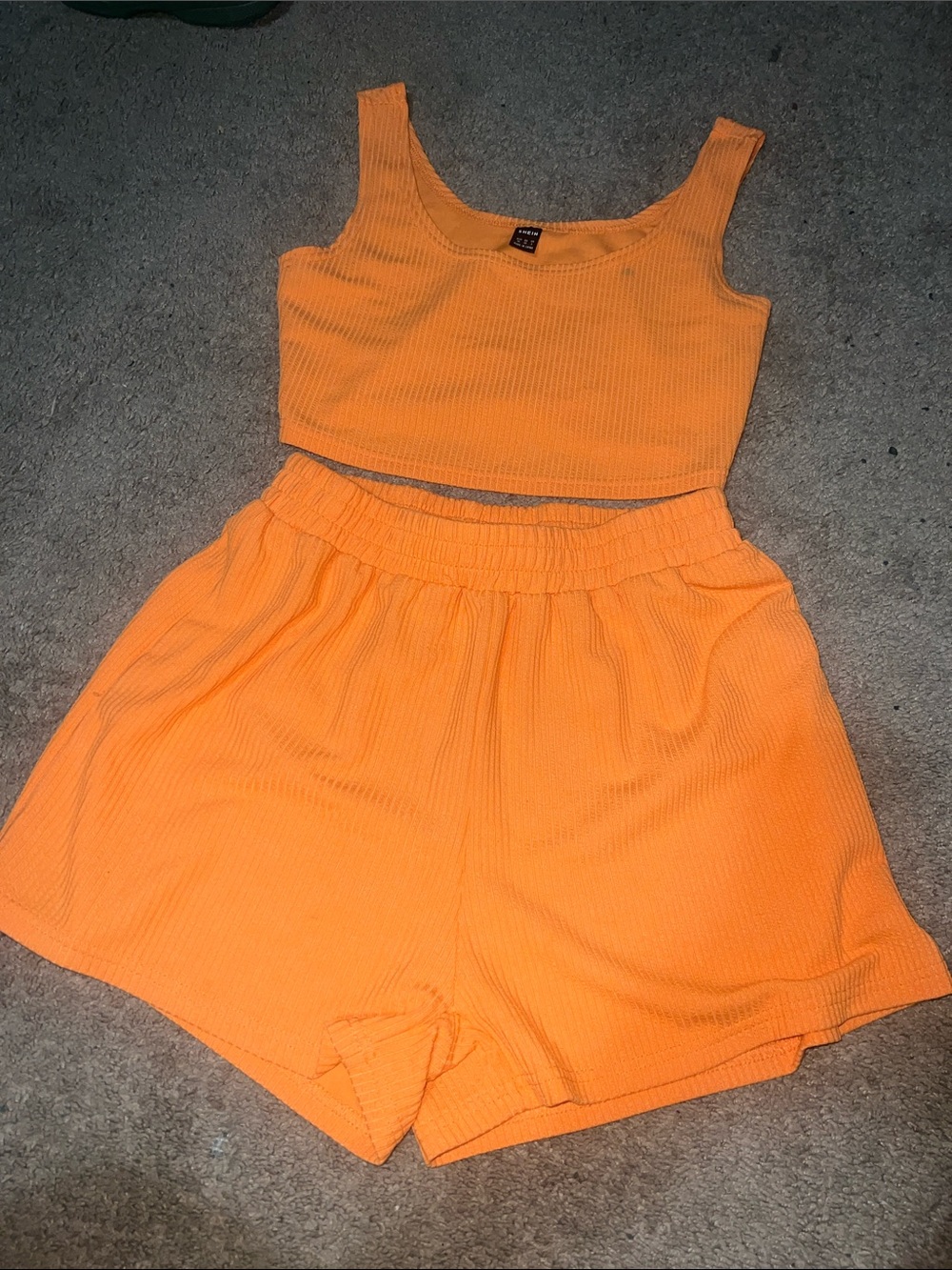 SHEIN Orange Ribbed Tank Crop Top & Shorts Set